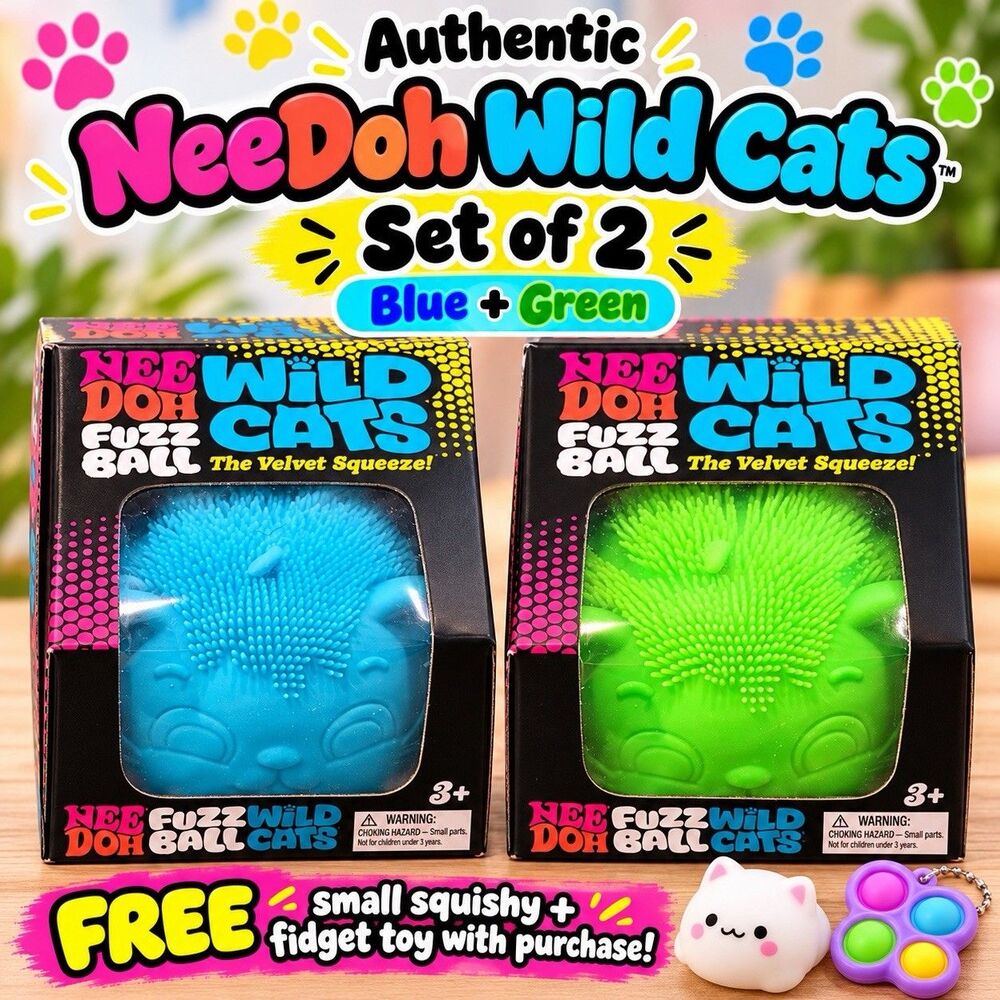 2 Needoh Fuzz Ball Wild Cats Velvet Squeeze Toys BRAND NEW AUTHENTIC Green Blue